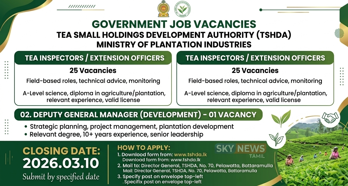 🌿 2026 அரச வேலைவாய்ப்பு வாய்ப்பு – சிறு தேயிலைத் தோட்டங்கள் அபிவிருத்தி அதிகாரசபையில் 26 வெற்றிடங்கள்!